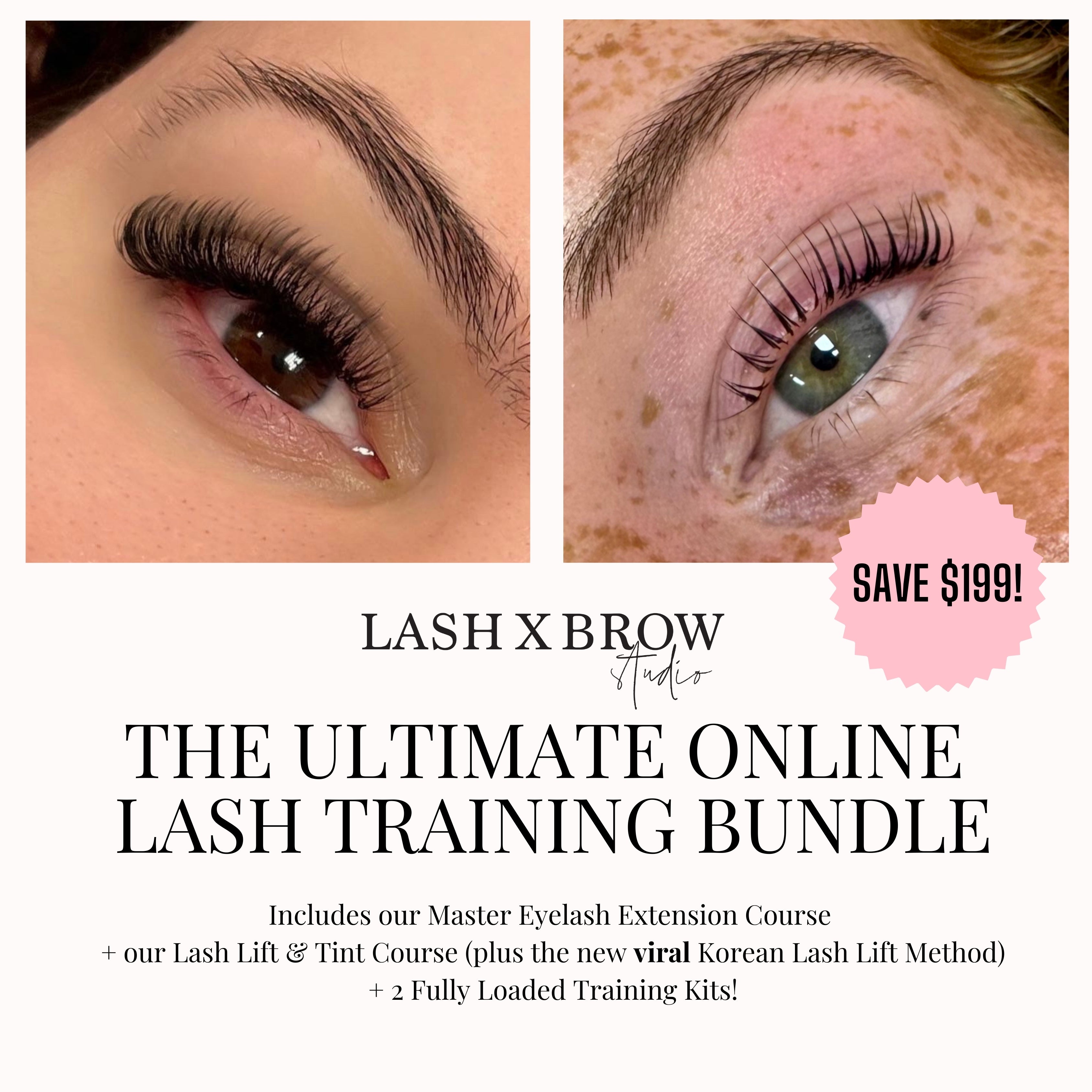 Before and after results from Lash X Brow Studio lash training, showing classic lash extensions and a lash lift and tint on real clients