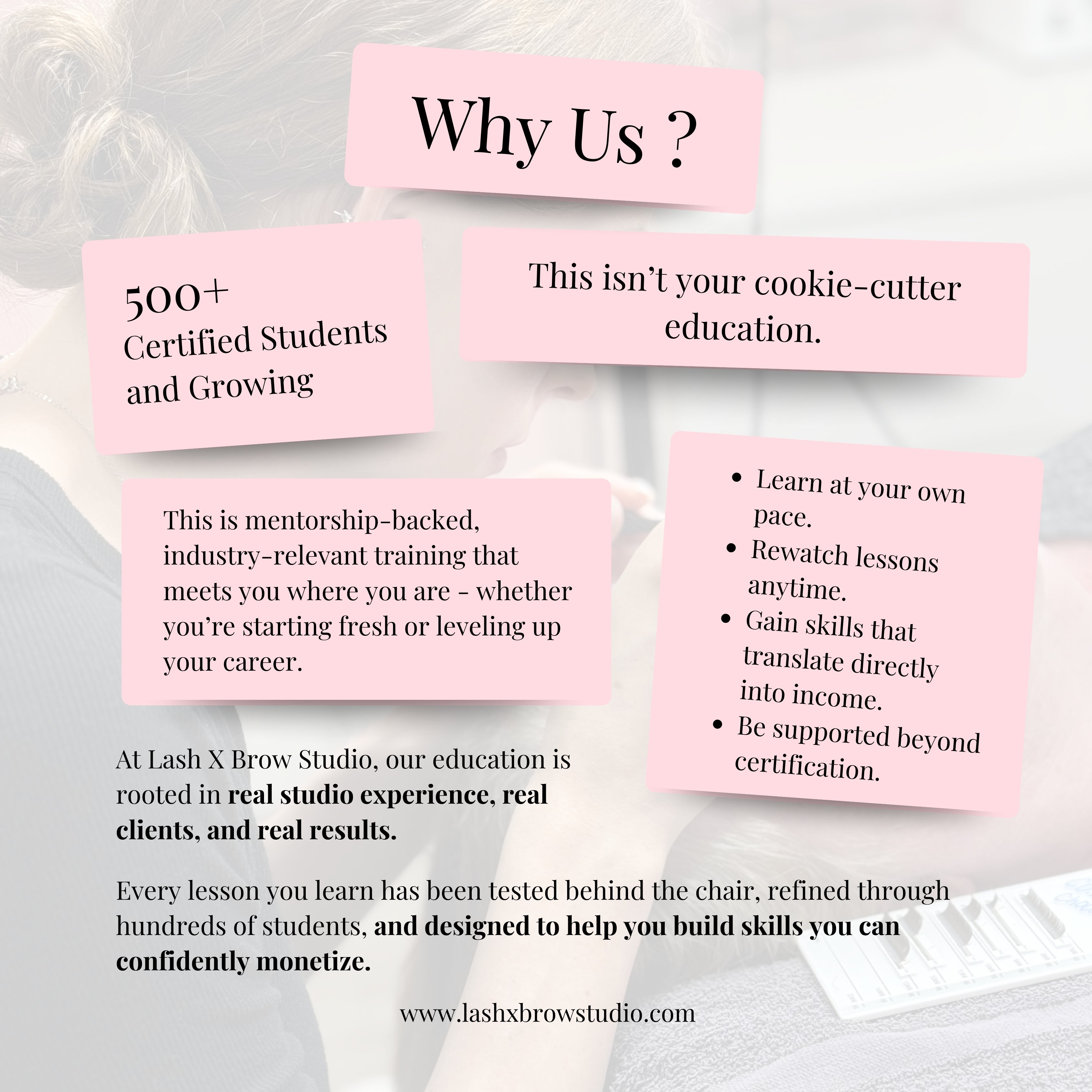 Lash X Brow Studio online and in-person lash training highlighting mentorship-backed education and over 500 certified students