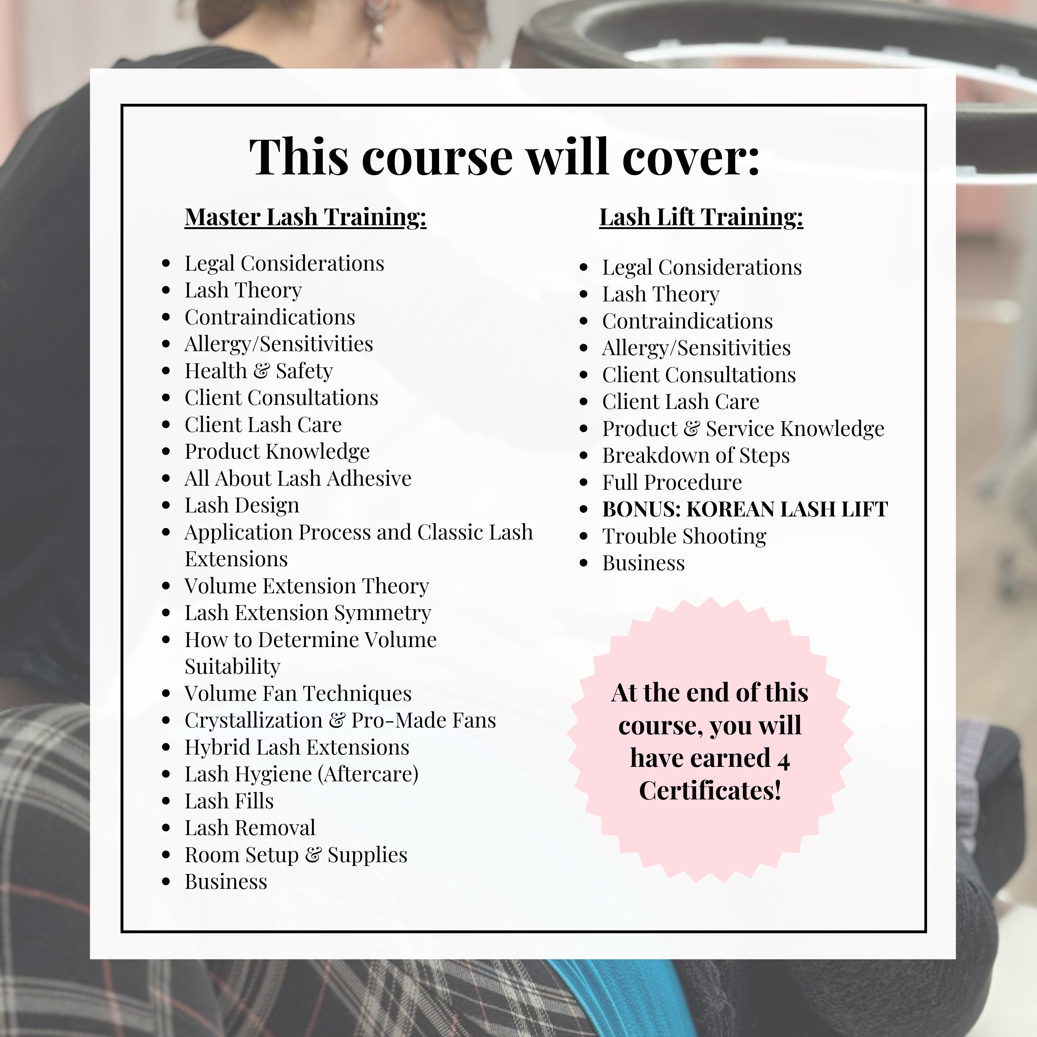 Overview of Lash X Brow Studio master lash extension training and lash lift course curriculum, including classic, volume, hybrid, and Korean lash lift techniques